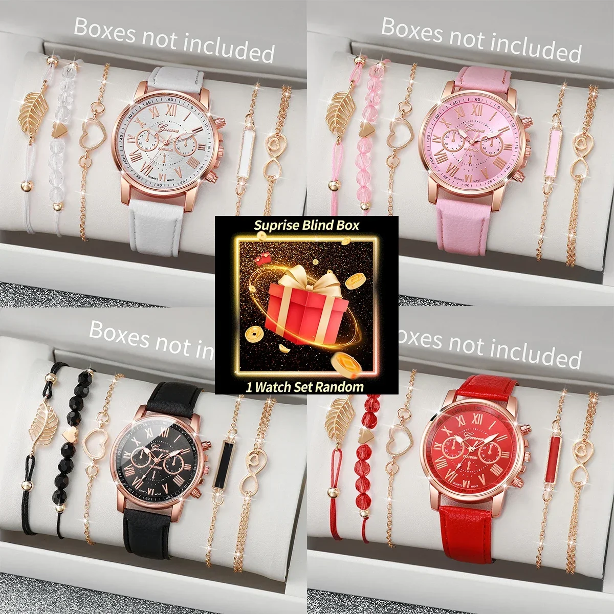 Jewelry For Watches - เซ็ตนาฬิกาผู้หญิงแบบสุ่มในกล่องเซอร์ไพรส์ นาฬิกาควอตซ์เจนีวา + สร้อยข้อมือ 4 ชิ้น